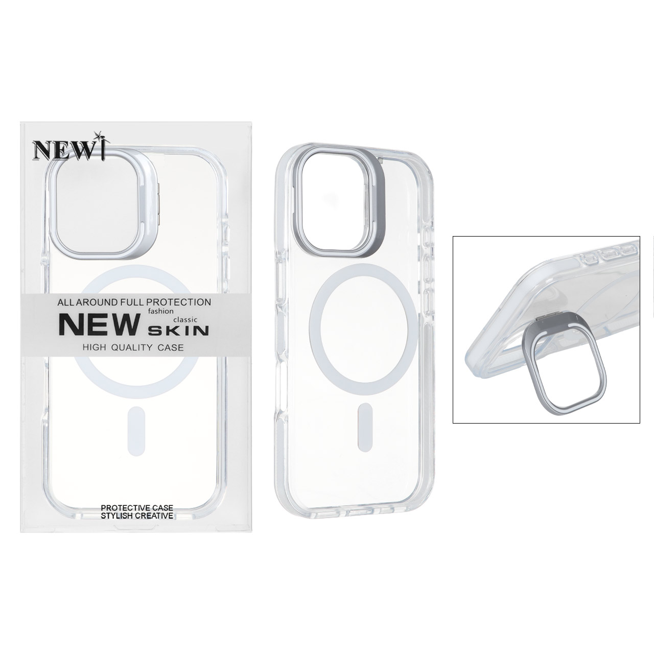 قاب اورجینال New Skin شفاف کریستالی MagSafe لنز استندشو Apple iPhone 17 - سفید (پک دار)